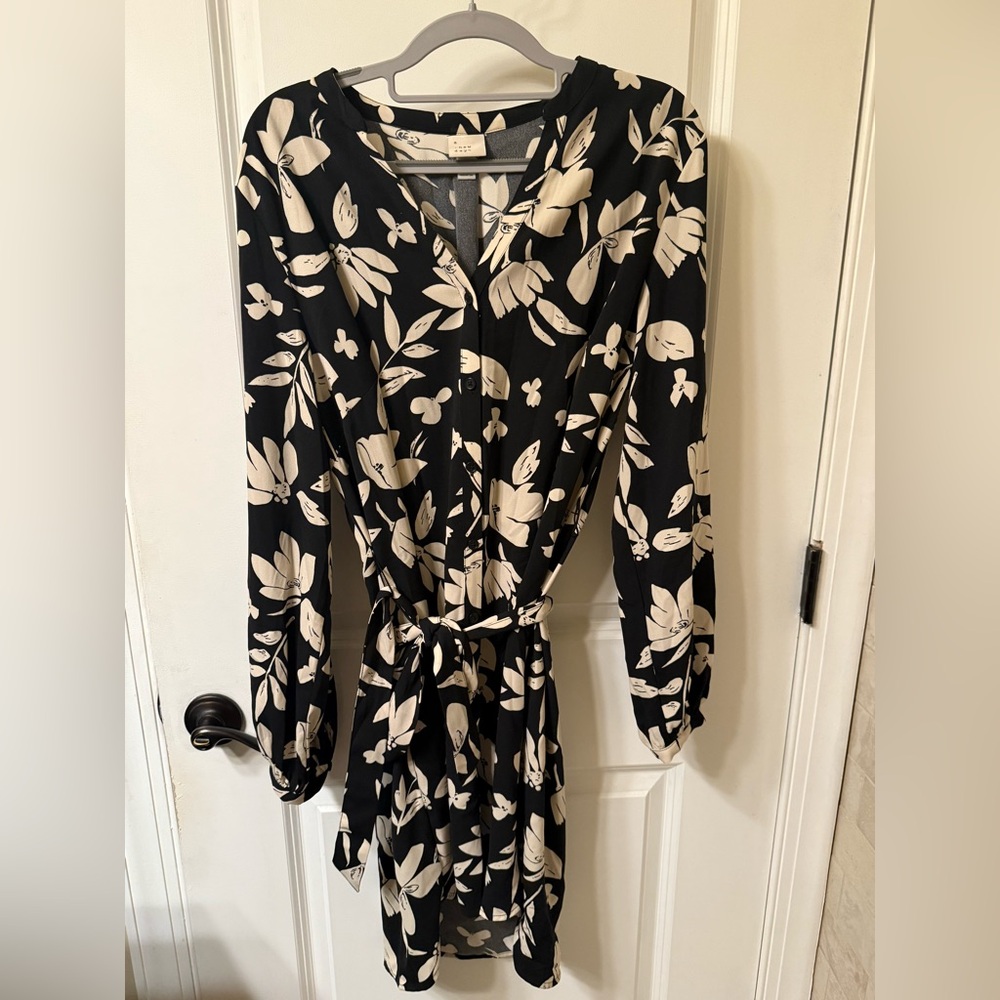 a new day Black and Cream Leaf Print Dress